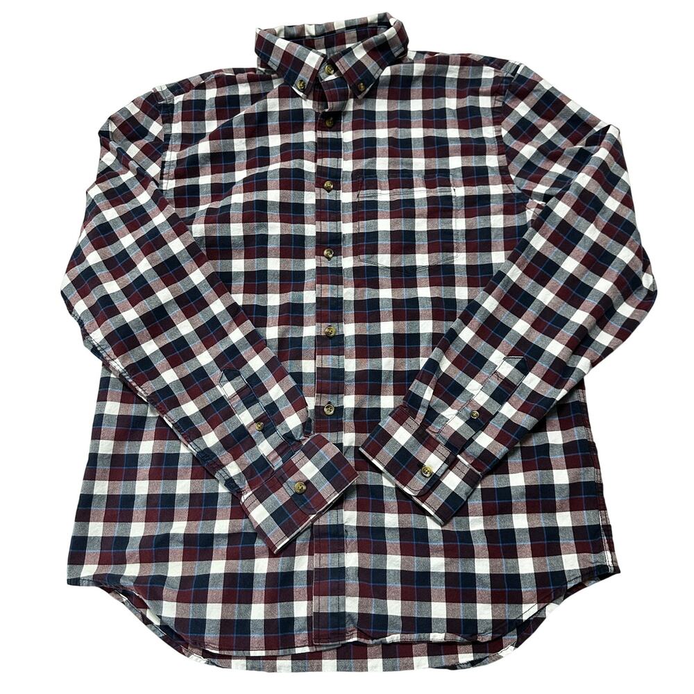 Old Navy Shirt Mens Size L Burgundy Blue White Plaid Button Up Long Sleeve FLAW